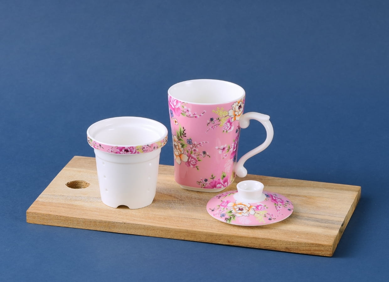 客花柄カップ(茶こし付き)パープル色