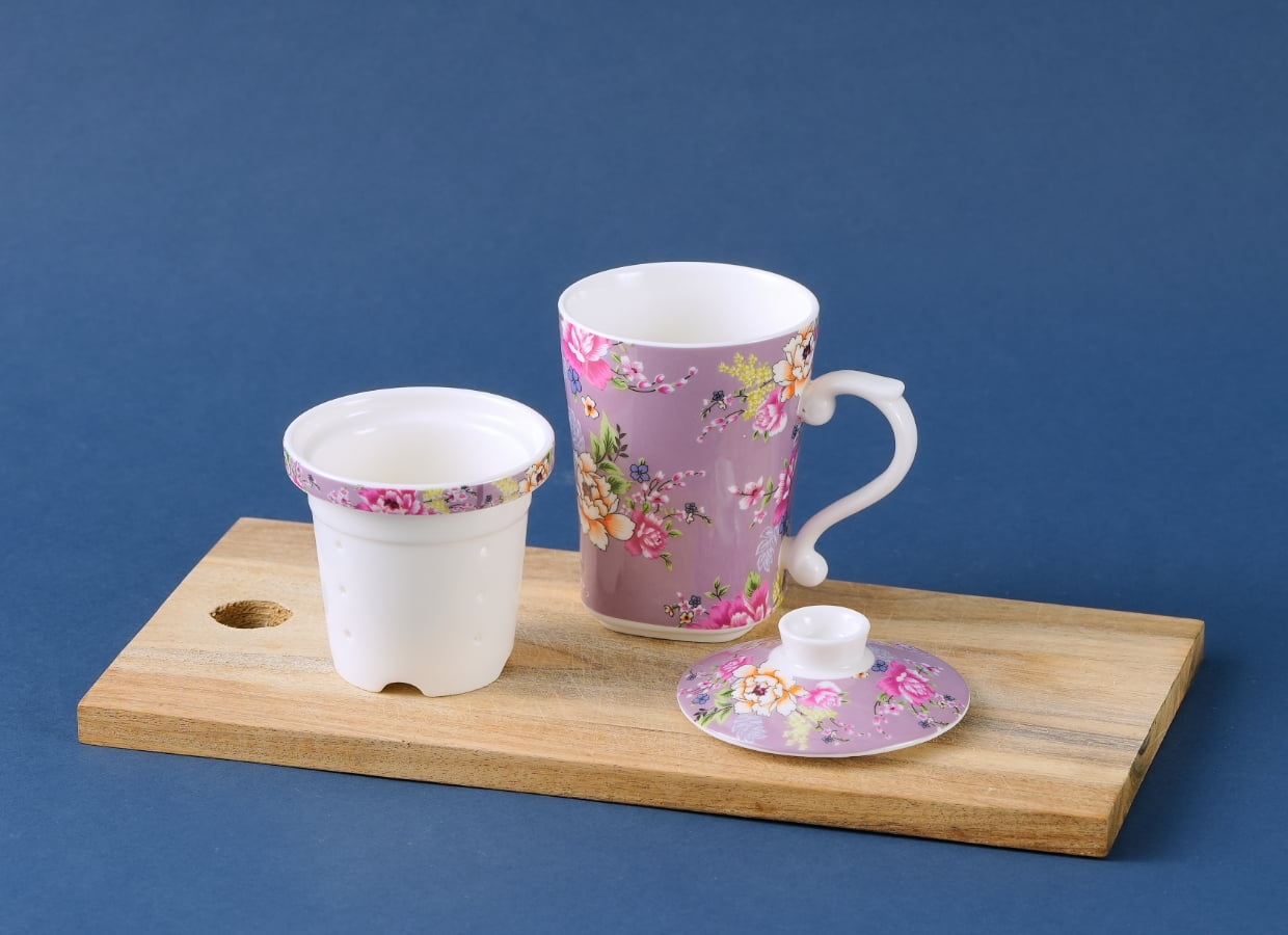 客花柄カップ(茶こし付き)ピンク色