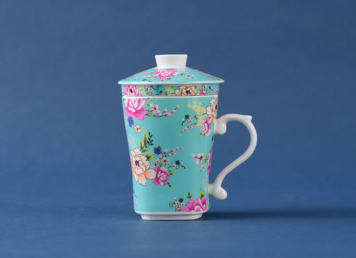 客花柄カップ(茶こし付き)パープル色